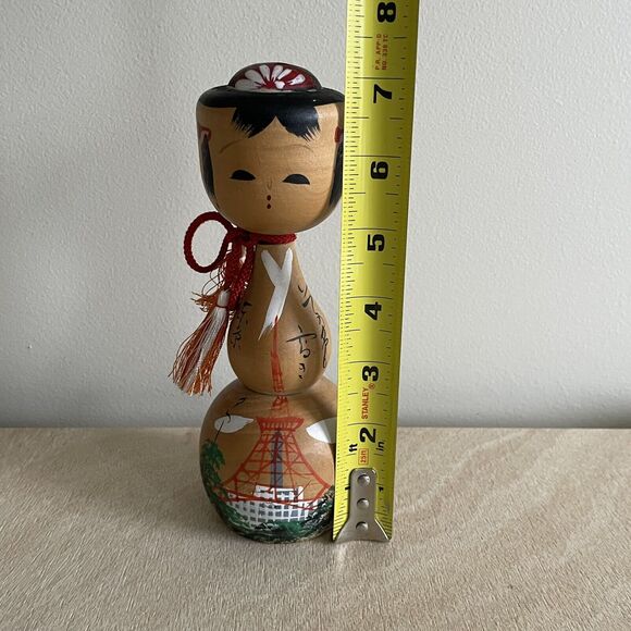 Hand Painted Wooden Japanese Kokeshi Doll 7” Tall Eiffel Tower Scene - Picture 2 of 10